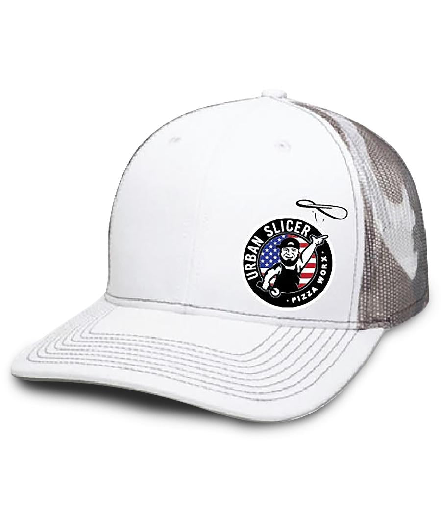 Snap Back Hat - White/Grey Camo Side Red White and Blue Logo - Knife Shift