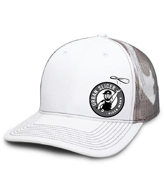 Snap Back Hat - White/Grey Camo Side Logo - Knife Shift