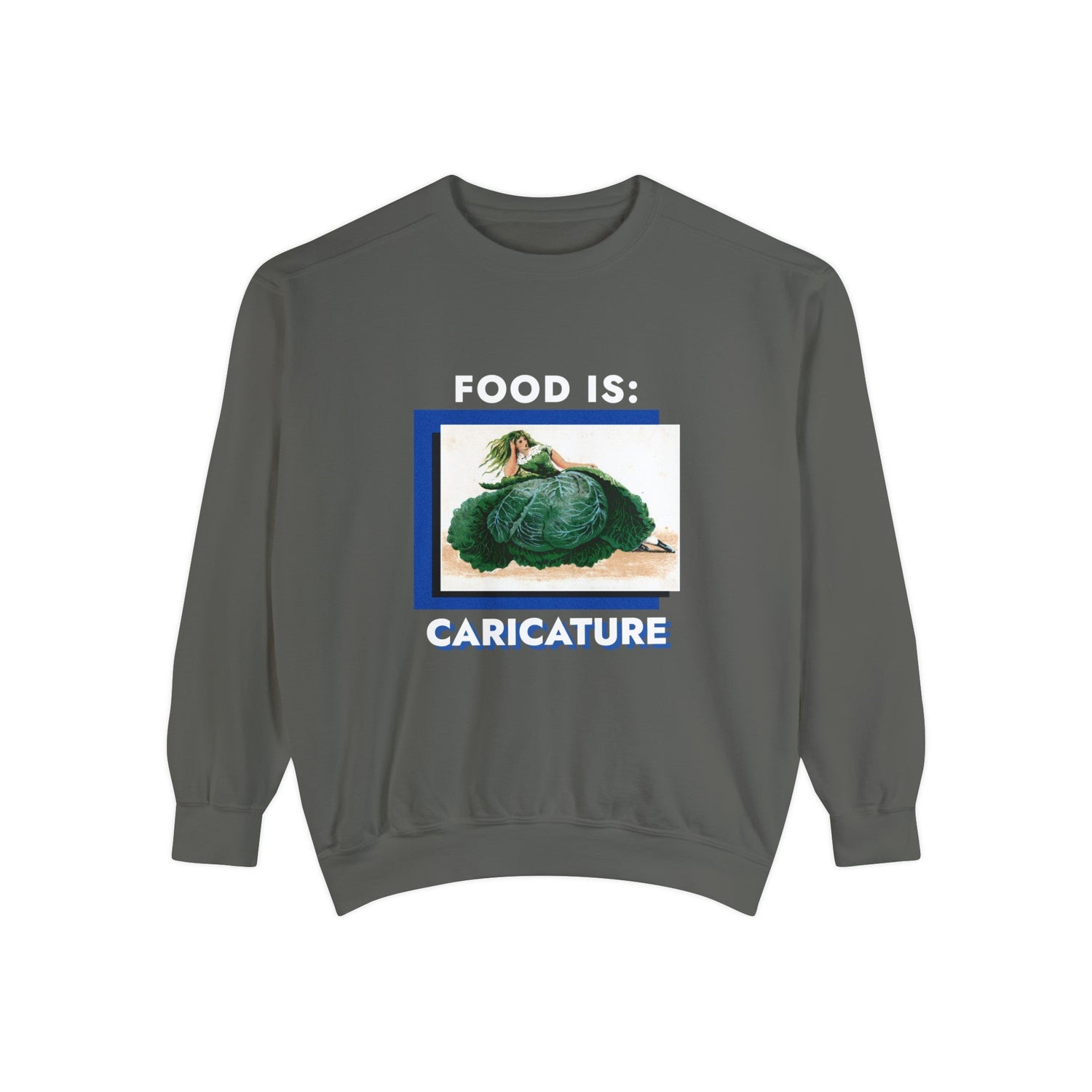 Food is: Caricature | Unisex Sweatshirt - Woman in Cabbage Dress-Sweatshirt-gift ideas for foodies-Knife Shift