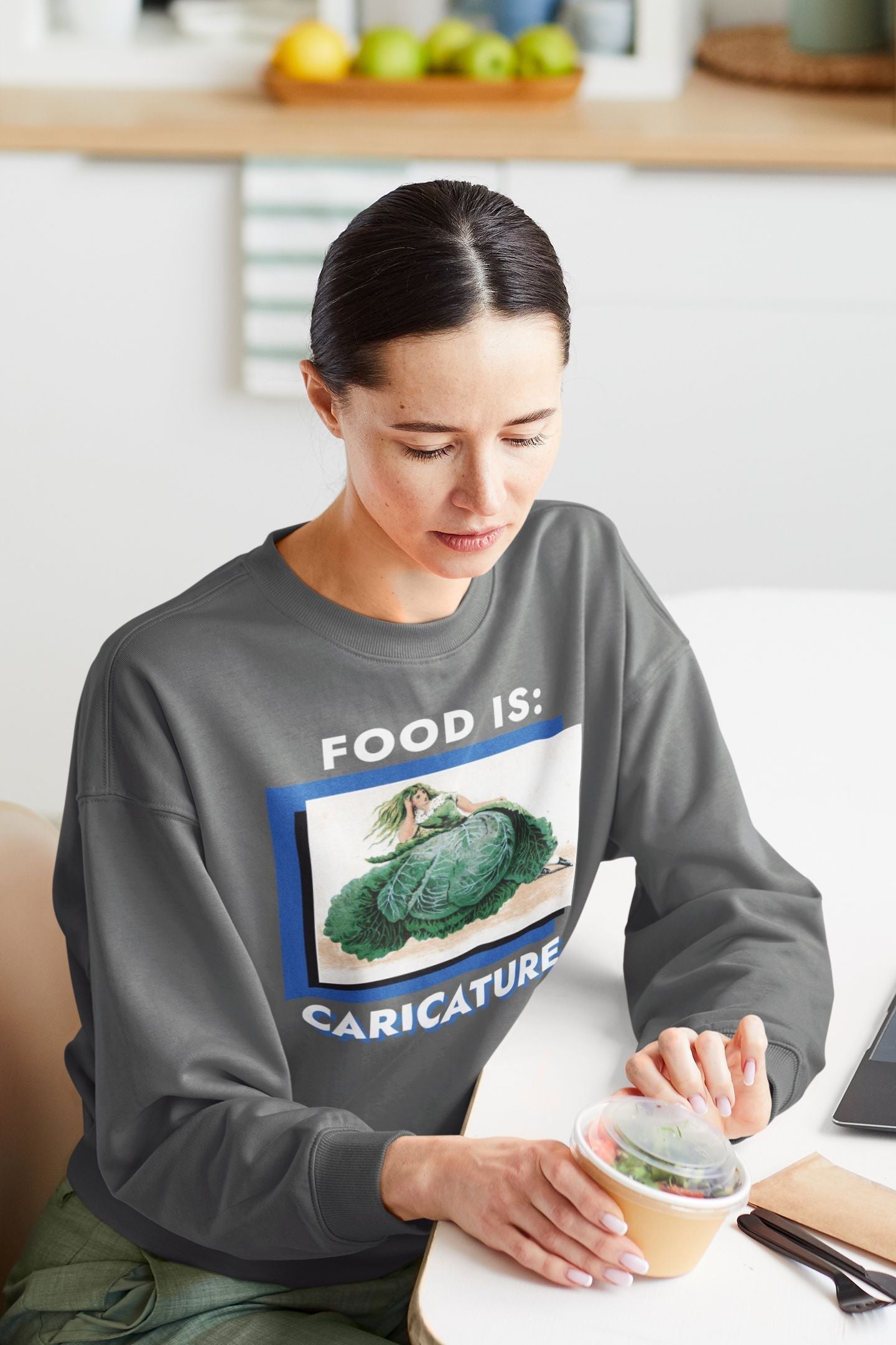 Food is: Caricature | Unisex Sweatshirt - Woman in Cabbage Dress-Sweatshirt-gift ideas for foodies-Knife Shift