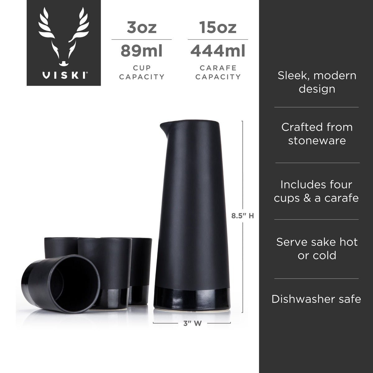 5-Piece Stoneware Sake Set in Black - Knife Shift