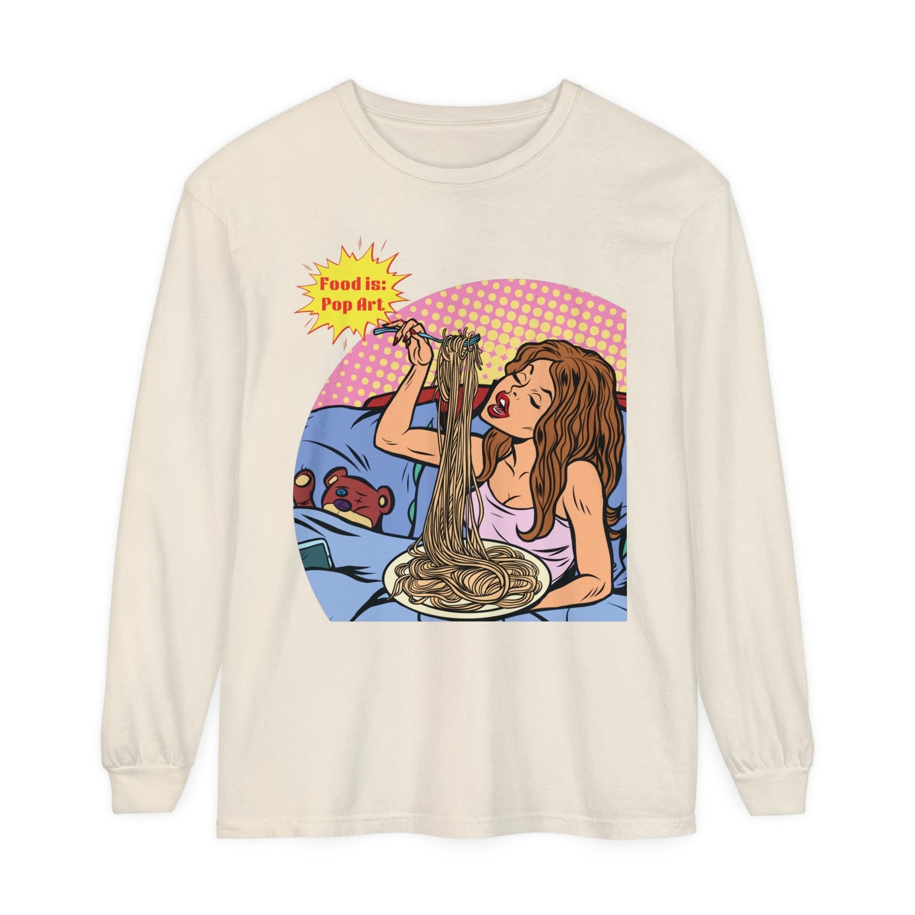 Pasta in Bed - Food Pop Art Long Sleeve Tee-Long-sleeve-gift ideas for foodies-Knife Shift