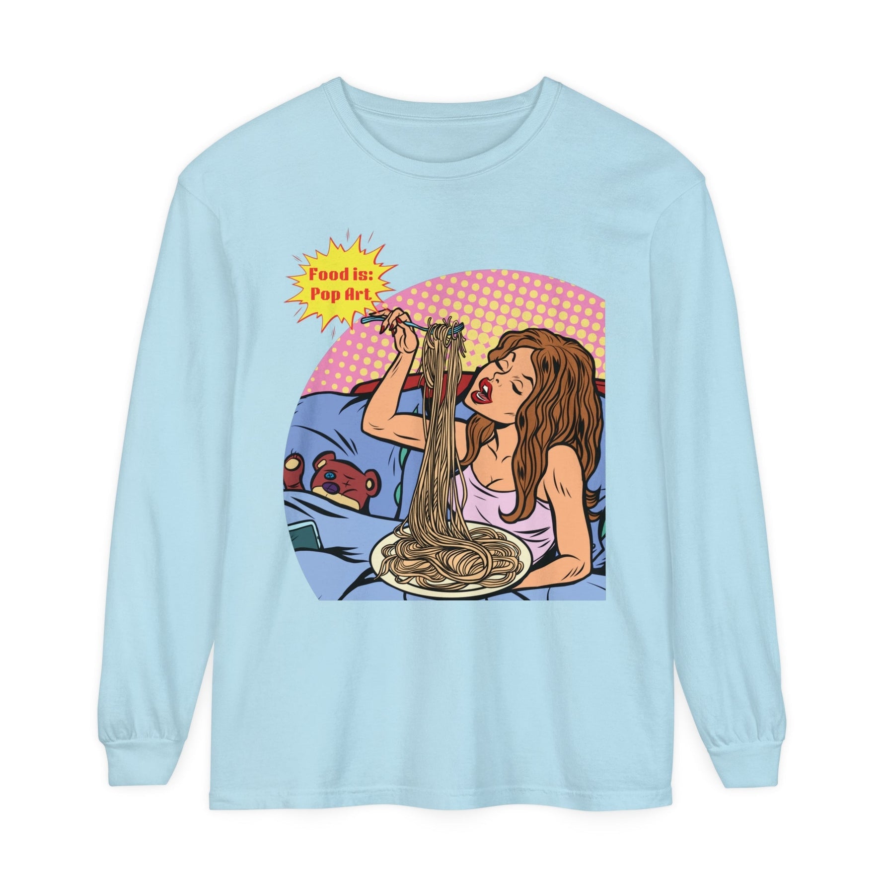 Pasta in Bed - Food Pop Art Long Sleeve Tee-Long-sleeve-gift ideas for foodies-Knife Shift