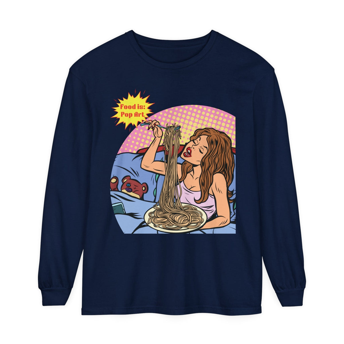 Pasta in Bed - Food Pop Art Long Sleeve Tee-Long-sleeve-gift ideas for foodies-Knife Shift