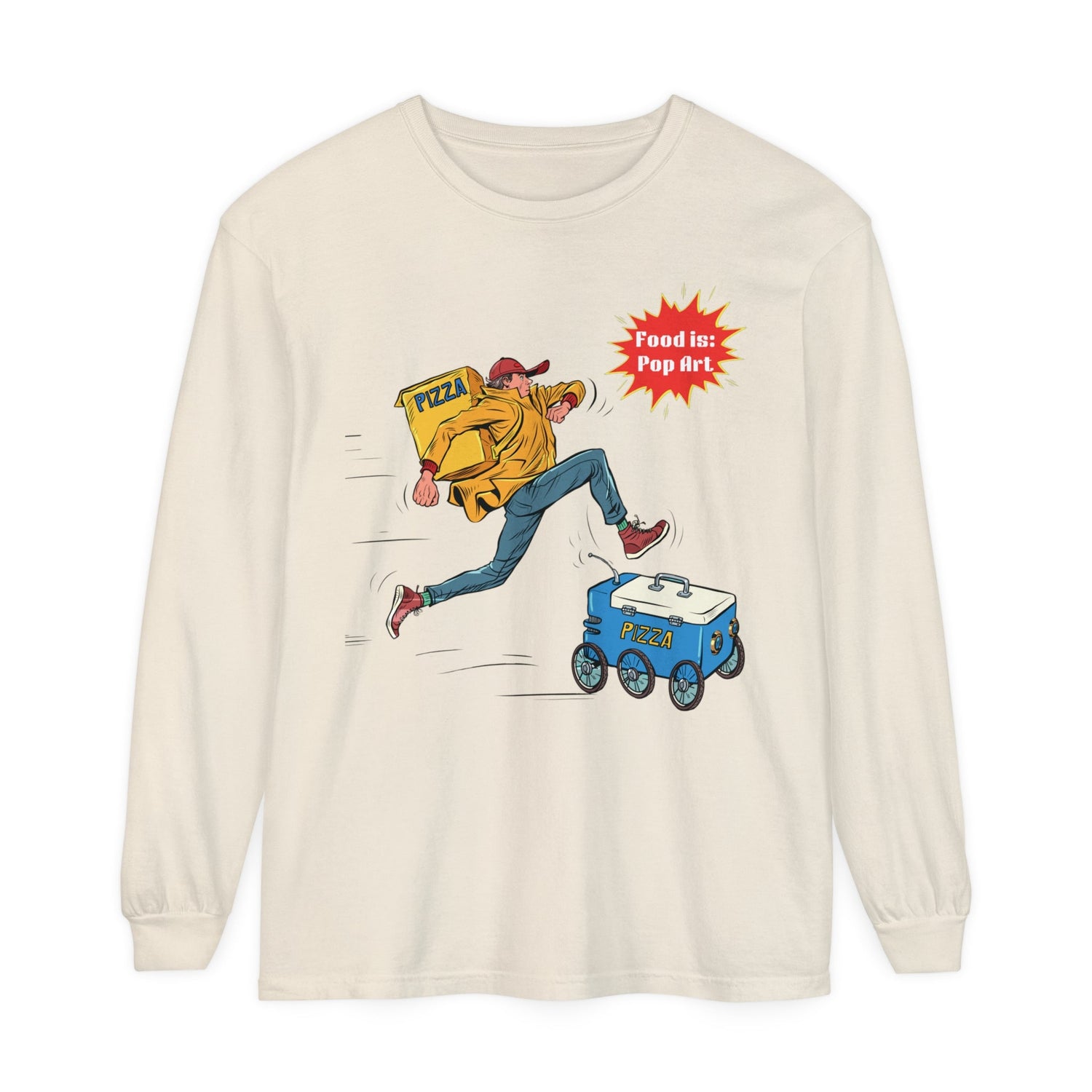 Pizza Delivery Race - Food Pop Art Unisex Long Sleeve Tee-Long-sleeve-gift ideas for foodies-Knife Shift