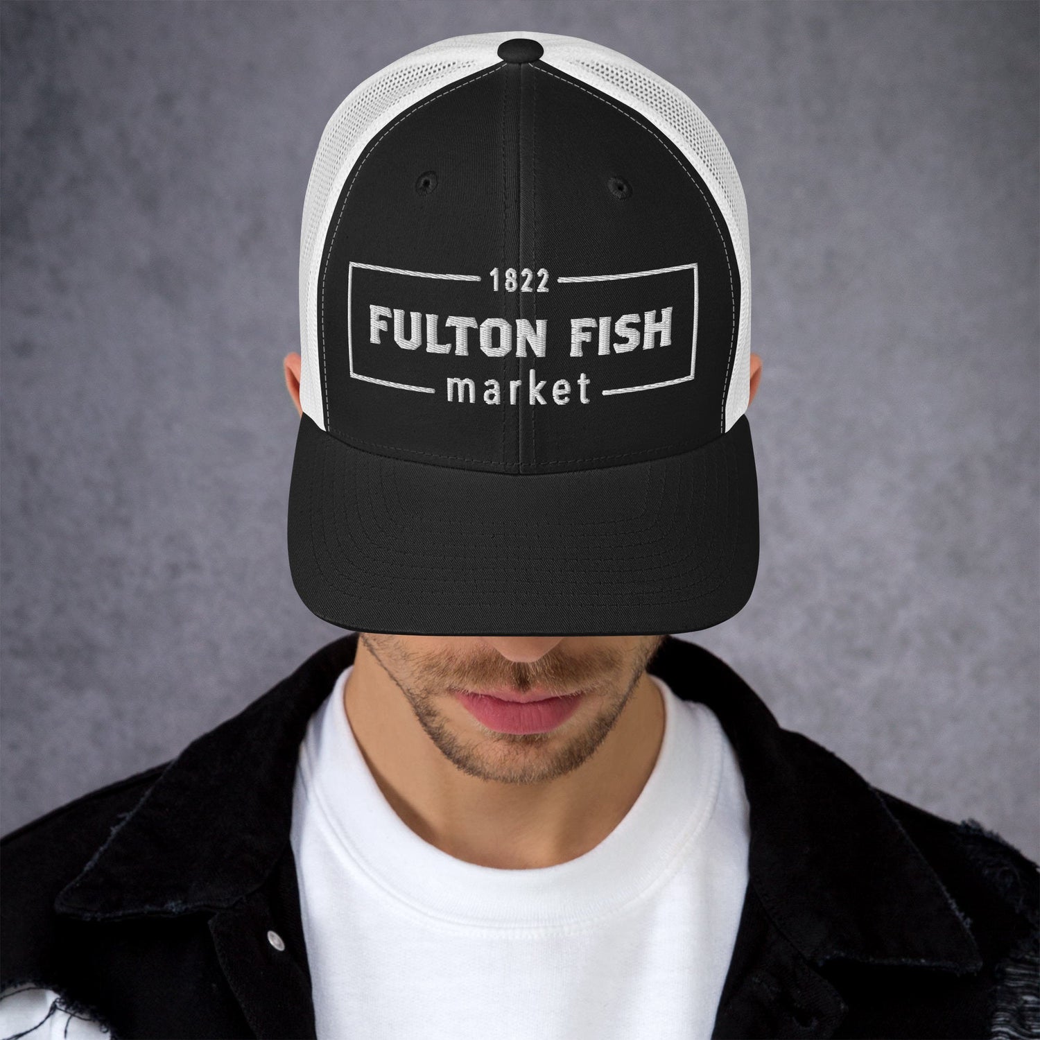 Fulton Fish Market Trucker Hat, Black & White - Knife Shift