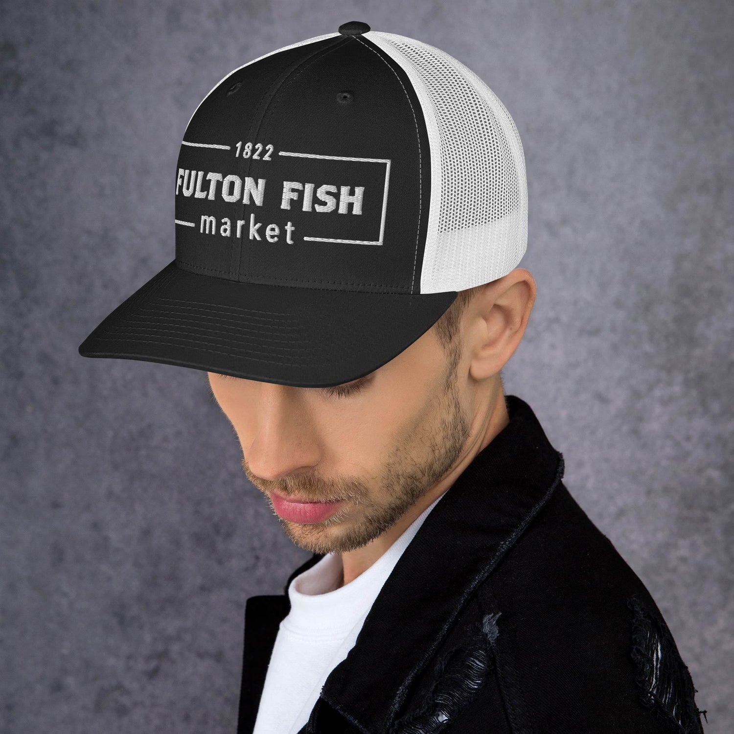 Fulton Fish Market Trucker Hat, Black & White - Knife Shift